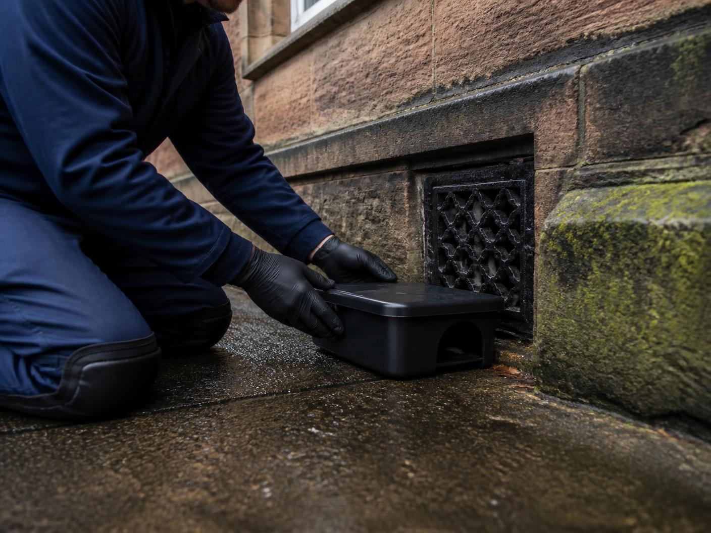 Pest control technician outside a traditional Scottish stone-built property